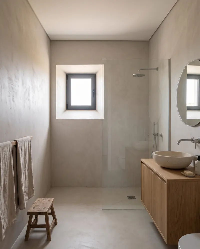 Mikro çimento kaplı banyo. Cam bölmeli duş, meşe lavabo dolabı, taş lavabo ve küçük derin pencere. Temsili görselleştirme.