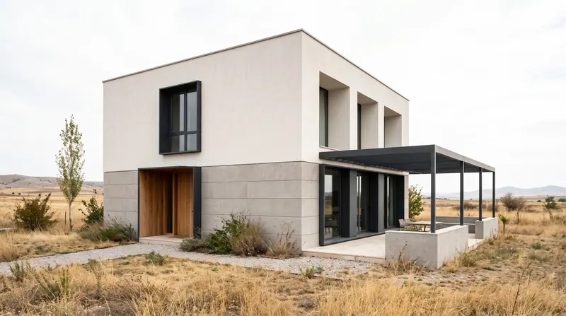 İki katlı konsept villa. Zemin katta beton görünümlü levha, üstte açık renk sıva, yanda çelik pergolalı teras. Temsili görselleştirme.