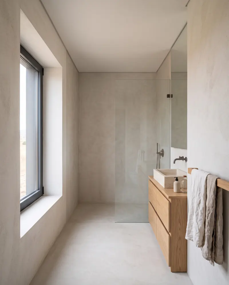 Mikro çimento kaplı banyo. Cam duş bölmesi, meşe lavabo dolabı ve derin nişli dar pencere. Temsili görselleştirme.