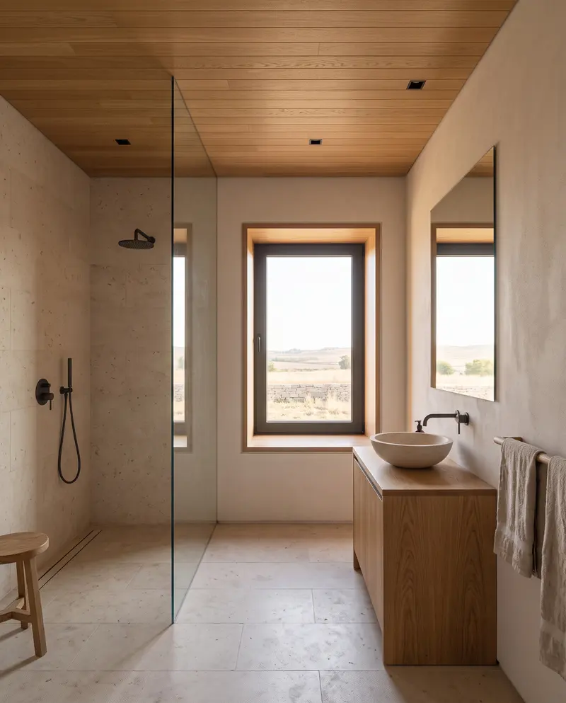 Kireçtaşı kaplı banyo. Cam bölmeli duş, meşe lavabo dolabı, taş lavabo ve meşe kaplı derin pencere. Temsili görselleştirme.