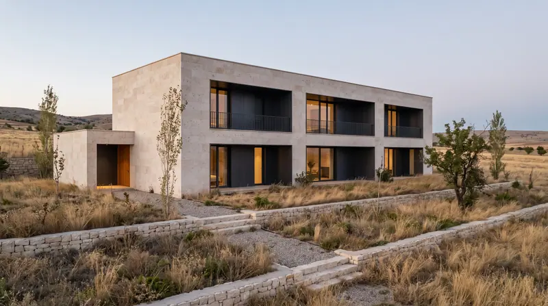 Derin nişlere çekilmiş açıklıklarıyla sakin, taş kaplamalı iki katlı villa konsepti. Temsili görselleştirme.