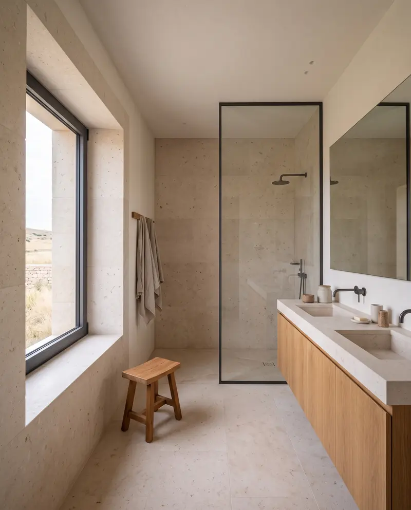 Kireçtaşı kaplı banyo. Çift lavabolu meşe dolap, cam bölmeli duş, ahşap tabure ve derin nişli pencere. Temsili görselleştirme.