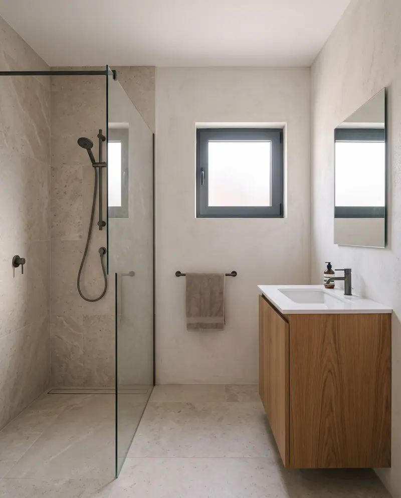 Taş görünümlü karolu banyo. Cam bölmeli duş, meşe lavabo dolabı ve buzlu camlı küçük pencere. Temsili görselleştirme.