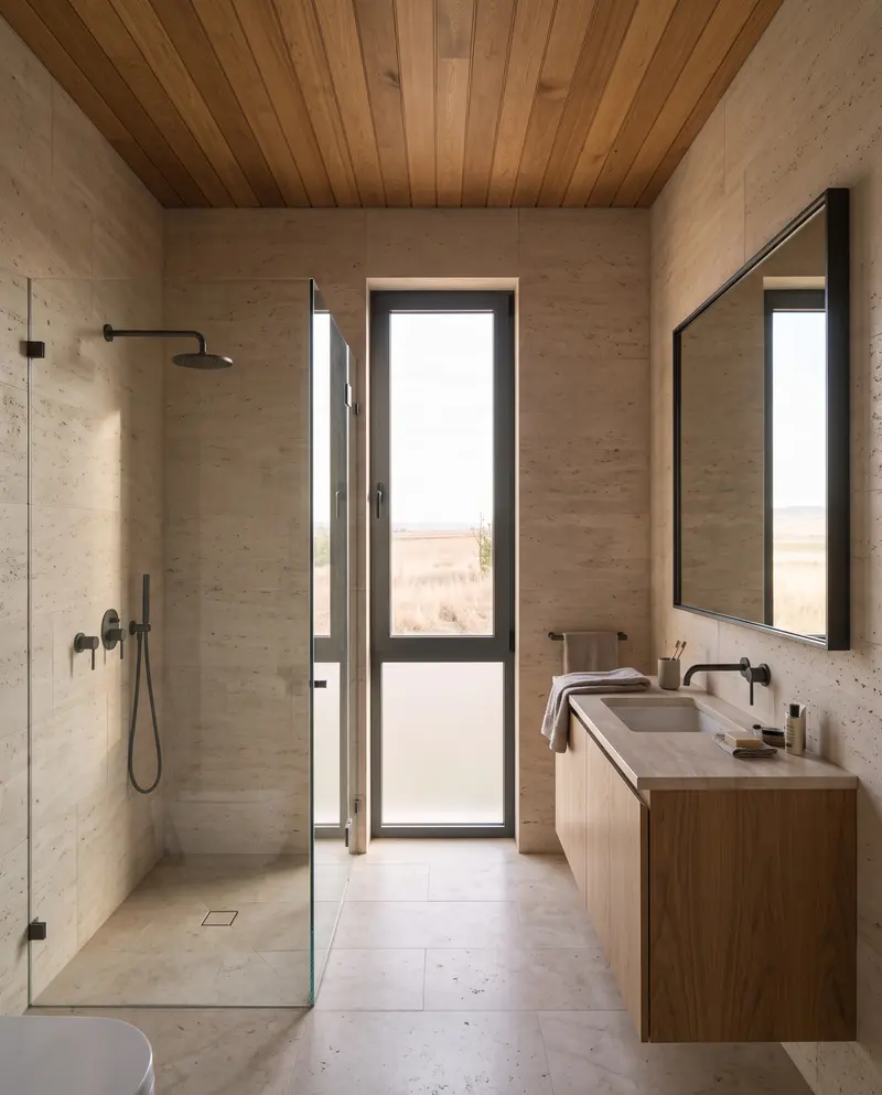 Traverten görünümlü taş kaplı banyo. Cam bölmeli duş, meşe lavabo dolabı ve yüksek pencere. Temsili görselleştirme.