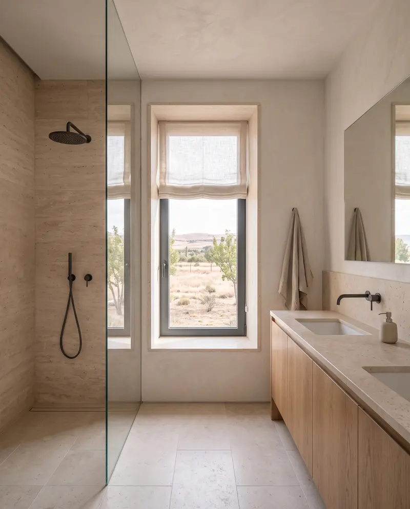 Taş kaplı duvarlı banyo. Cam bölmeli duş, meşe lavabo dolabı ve derin nişli, keten storlu pencere. Temsili görselleştirme.