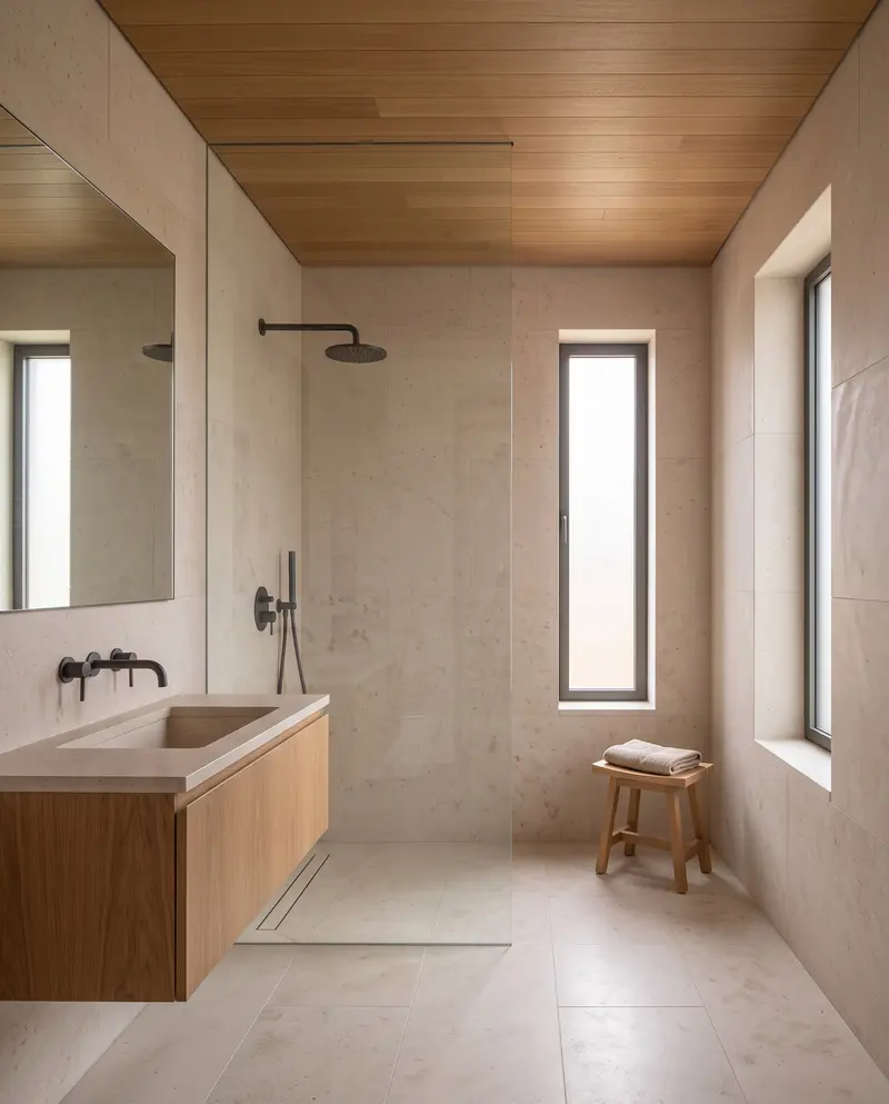 Taş kaplı banyo. Ahşap tavan, cam bölmeli duş, meşe lavabo dolabı ve buzlu camlı dar dikey pencere. Temsili görselleştirme.