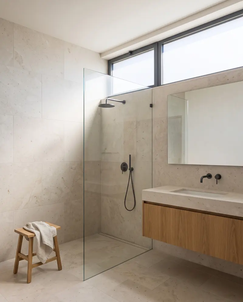 Taş kaplı banyo. Cam bölmeli duş, taş tezgâhlı meşe lavabo dolabı ve üstte buzlu camlı bant pencere. Temsili görselleştirme.