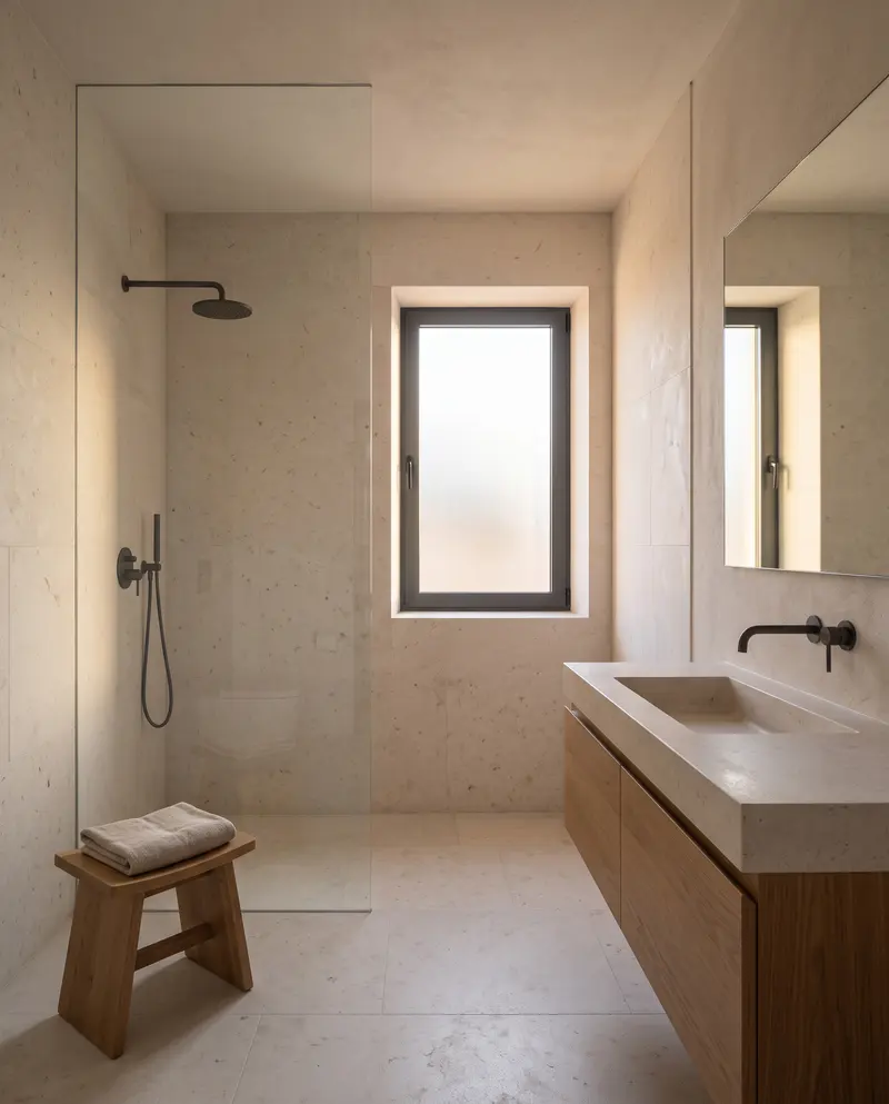 Taş kaplı banyo. Cam bölmeli duş, taş lavabolu meşe dolap ve derin nişte buzlu camlı pencere. Temsili görselleştirme.