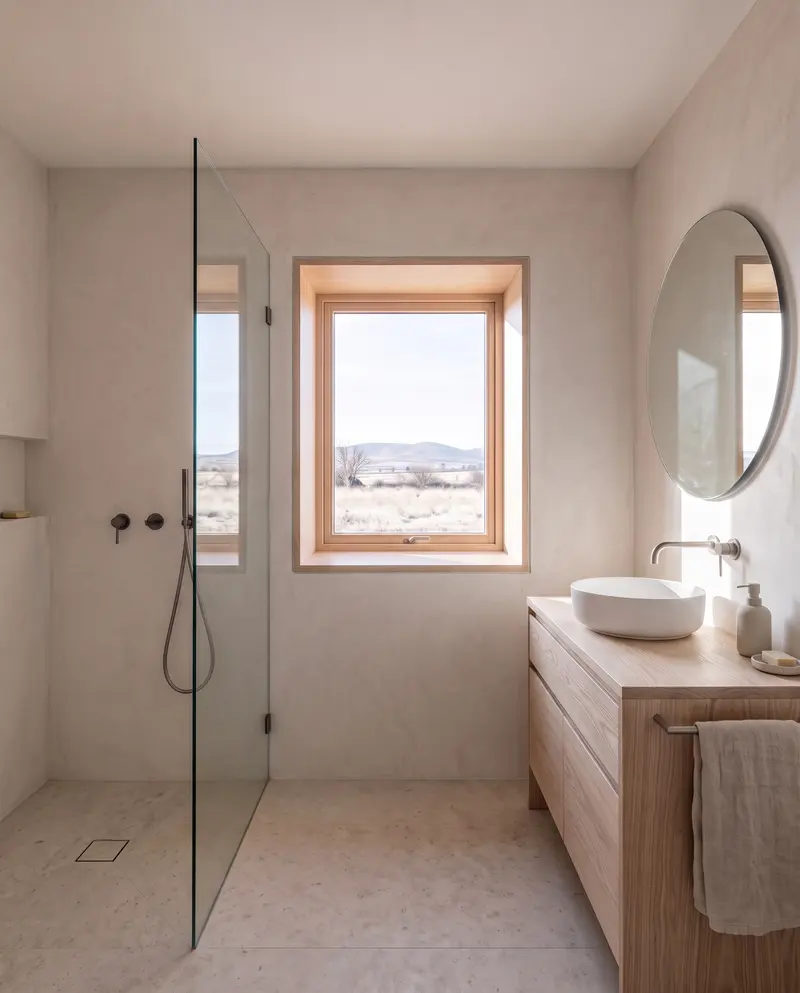 Cam bölmeli duş, ahşap lavabo dolabı, yuvarlak ayna ve ahşap kaplı derin nişli pencere bulunan banyo. Temsili görselleştirme.