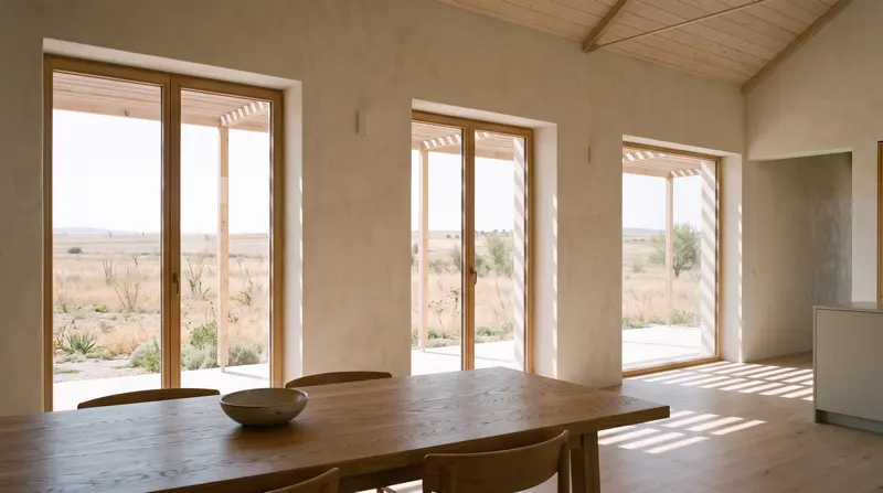 Yemek masasından dışarı bakış. Üç ahşap doğramalı boydan pencere, dışarıda ahşap pergola, teras ve bozkır. Temsili görselleştirme.