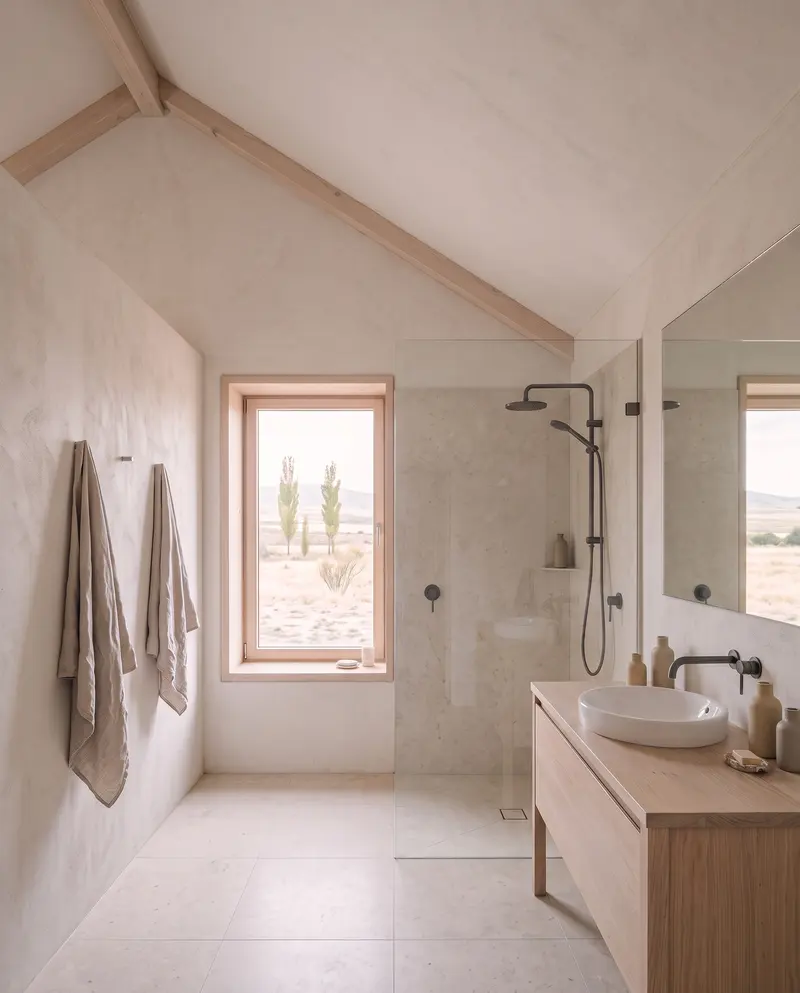 Eğimli tavanlı banyo. Cam bölmeli duş, ahşap lavabo dolabı, ayna ve ahşap kaplı derin nişli pencere. Temsili görselleştirme.