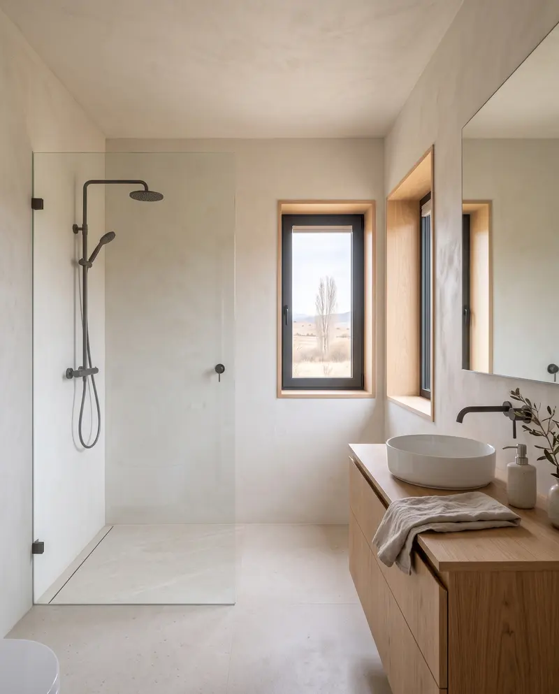 Cam bölmeli duş, meşe lavabo dolabı, ayna ve ahşap nişli iki pencere bulunan banyo. Temsili görselleştirme.